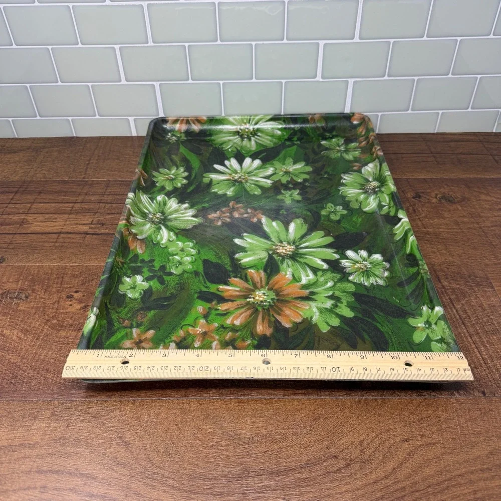 VTG 1960s MCM Fiberglass Floral Serving Tray 16x12 Green‎ Daisy Retro